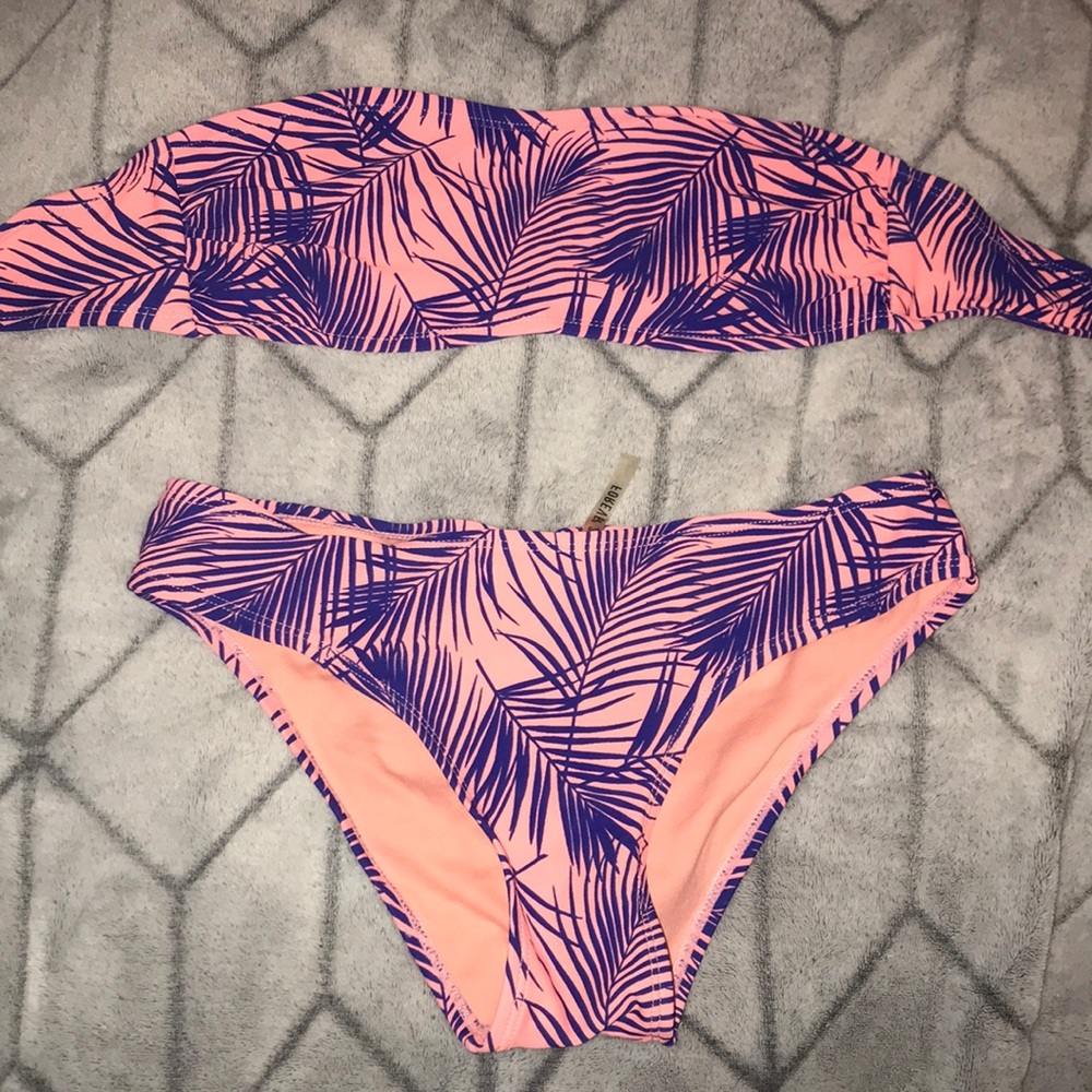 strapless pink and purple bikini